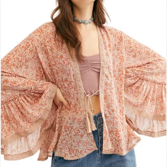 Free People Lola Printed Open Front Kimono (front tie string removed), Sz M - Picture 2 of 15